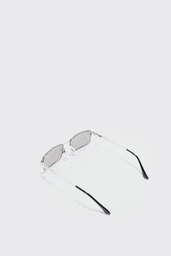 Metal Rectangular Sunglasses In Silver | BoohooMAN UK