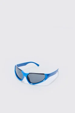 Metallic Frame Sunglasses In Blue | BoohooMAN UK