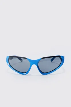 Metallic Frame Sunglasses In Blue | BoohooMAN UK