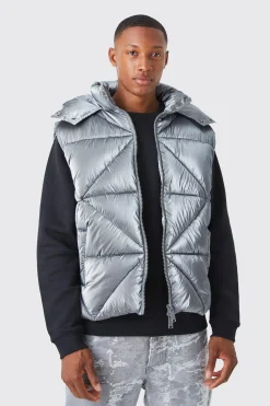 Metallic Quilted Gilet With Hood | BoohooMAN UK