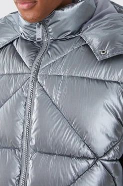 Metallic Quilted Gilet With Hood | BoohooMAN UK