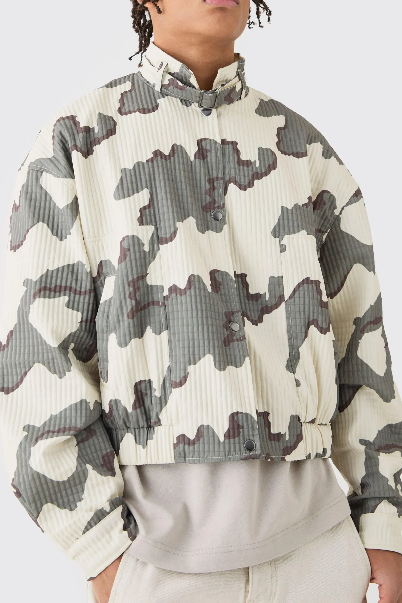 Micro Quilted Camo Strap Detail Bomber | BoohooMAN UK
