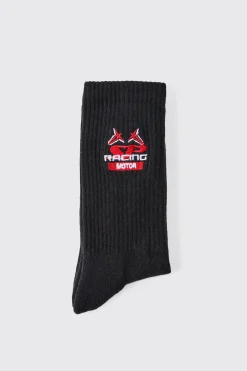 Moto Racing Motor Embroidered Socks | BoohooMAN UK