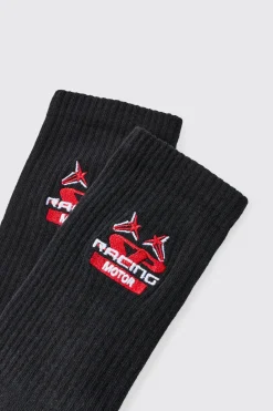 Moto Racing Motor Embroidered Socks | BoohooMAN UK