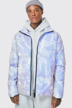 Mountain Reflective Print Funnel Neck Puffer | BoohooMAN UK