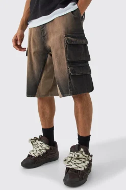 Multi Cargo Pocket Gusset Detail Denim Parachute Shorts | BoohooMAN UK