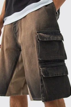 Multi Cargo Pocket Gusset Detail Denim Parachute Shorts | BoohooMAN UK