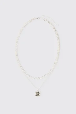 Multi Layer Chain Necklace With Blue Gem Stone Pendant | BoohooMAN UK