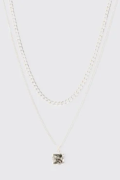 Multi Layer Chain Necklace With Blue Gem Stone Pendant | BoohooMAN UK