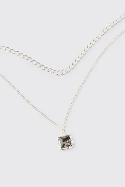 Multi Layer Chain Necklace With Blue Gem Stone Pendant | BoohooMAN UK