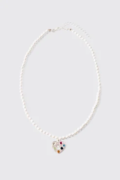 Multi Layer Pearl Chain Man Branded Necklace In Silver | BoohooMAN UK