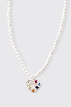 Multi Layer Pearl Chain Man Branded Necklace In Silver | BoohooMAN UK