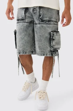 Multi Pocket Cargo Strap Denim Jorts In Washed Black | BoohooMAN UK