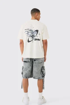 Multi Pocket Cargo Strap Denim Jorts In Washed Black | BoohooMAN UK