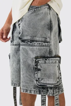 Multi Pocket Cargo Strap Denim Jorts In Washed Black | BoohooMAN UK