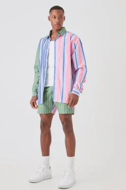 Multi Spliced Pinstripe Branded Waistband Short Set | BoohooMAN UK