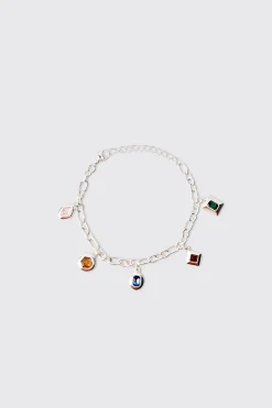 Multicolour Gem Stone Pendant Bracelet In Silver | BoohooMAN UK