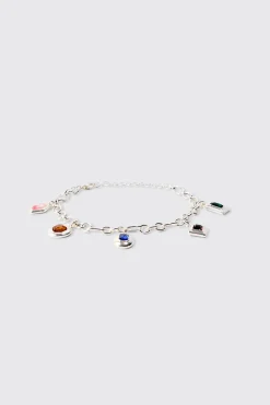 Multicolour Gem Stone Pendant Bracelet In Silver | BoohooMAN UK