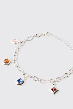Multicolour Gem Stone Pendant Bracelet In Silver | BoohooMAN UK