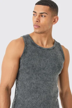 Muscle Fit Acid Wash Ribbed Vest | BoohooMAN UK