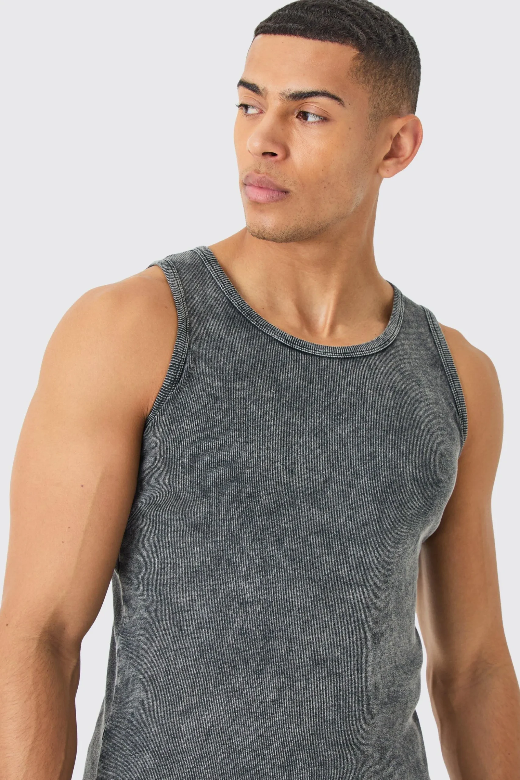 Muscle Fit Acid Wash Ribbed Vest | BoohooMAN UK