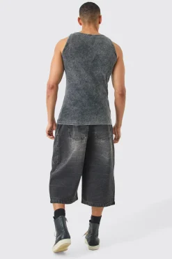 Muscle Fit Acid Wash Ribbed Vest | BoohooMAN UK