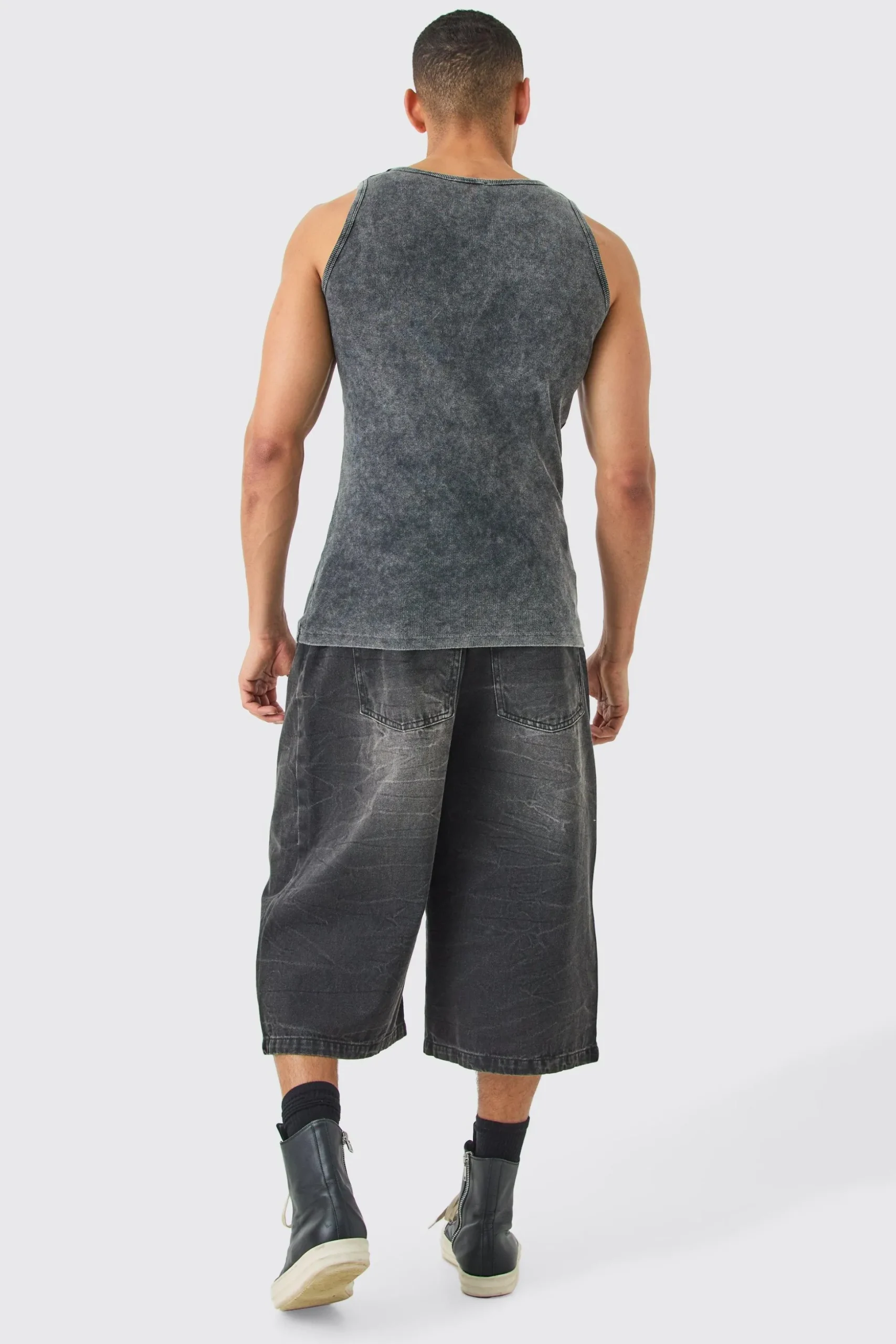 Muscle Fit Acid Wash Ribbed Vest | BoohooMAN UK