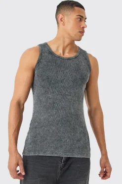 Muscle Fit Acid Wash Ribbed Vest | BoohooMAN UK
