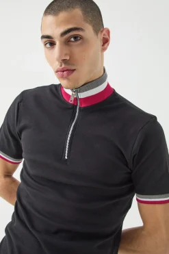 Muscle Fit Funnel Tape Polo | BoohooMAN UK