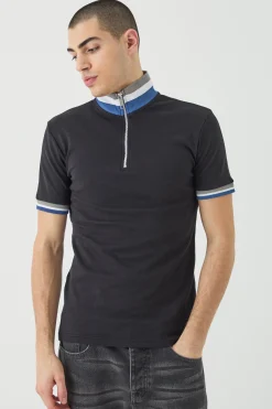 Muscle Fit Funnel Tape Polo | BoohooMAN UK