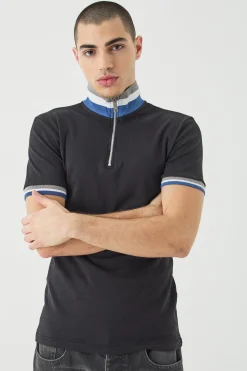 Muscle Fit Funnel Tape Polo | BoohooMAN UK