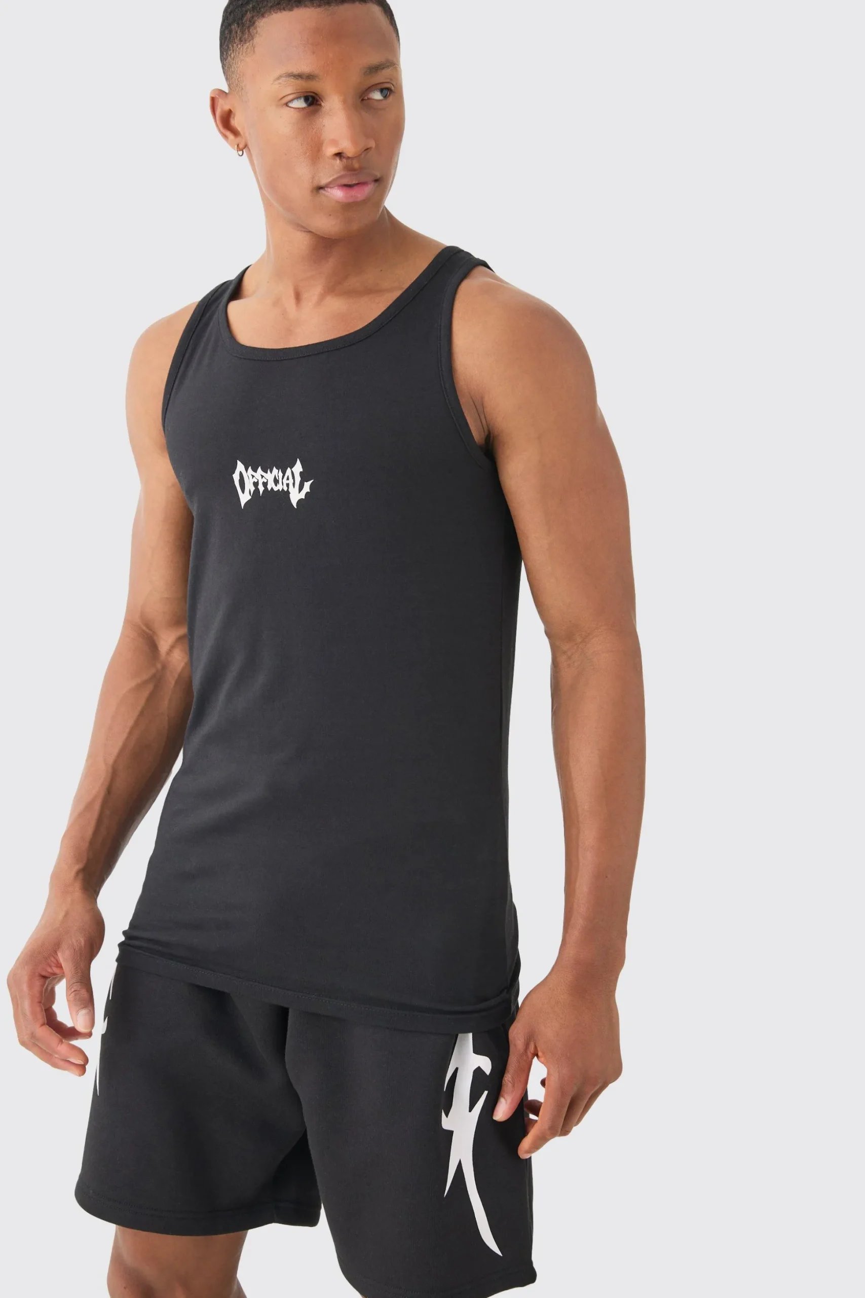 Muscle Fit Graphic Official Vest & Shorts Set | BoohooMAN UK