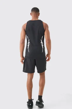 Muscle Fit Graphic Official Vest & Shorts Set | BoohooMAN UK
