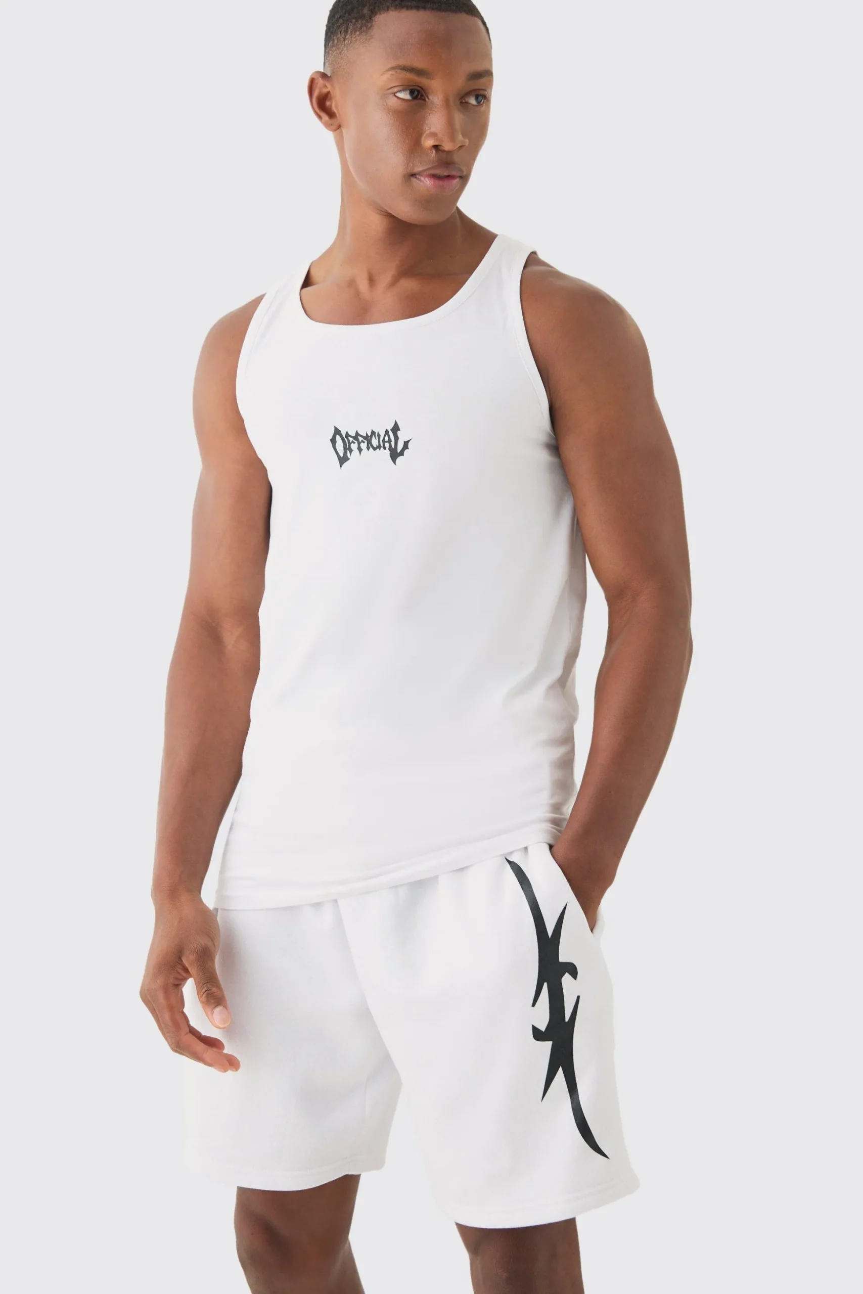 Muscle Fit Graphic Official Vest & Shorts Set | BoohooMAN UK