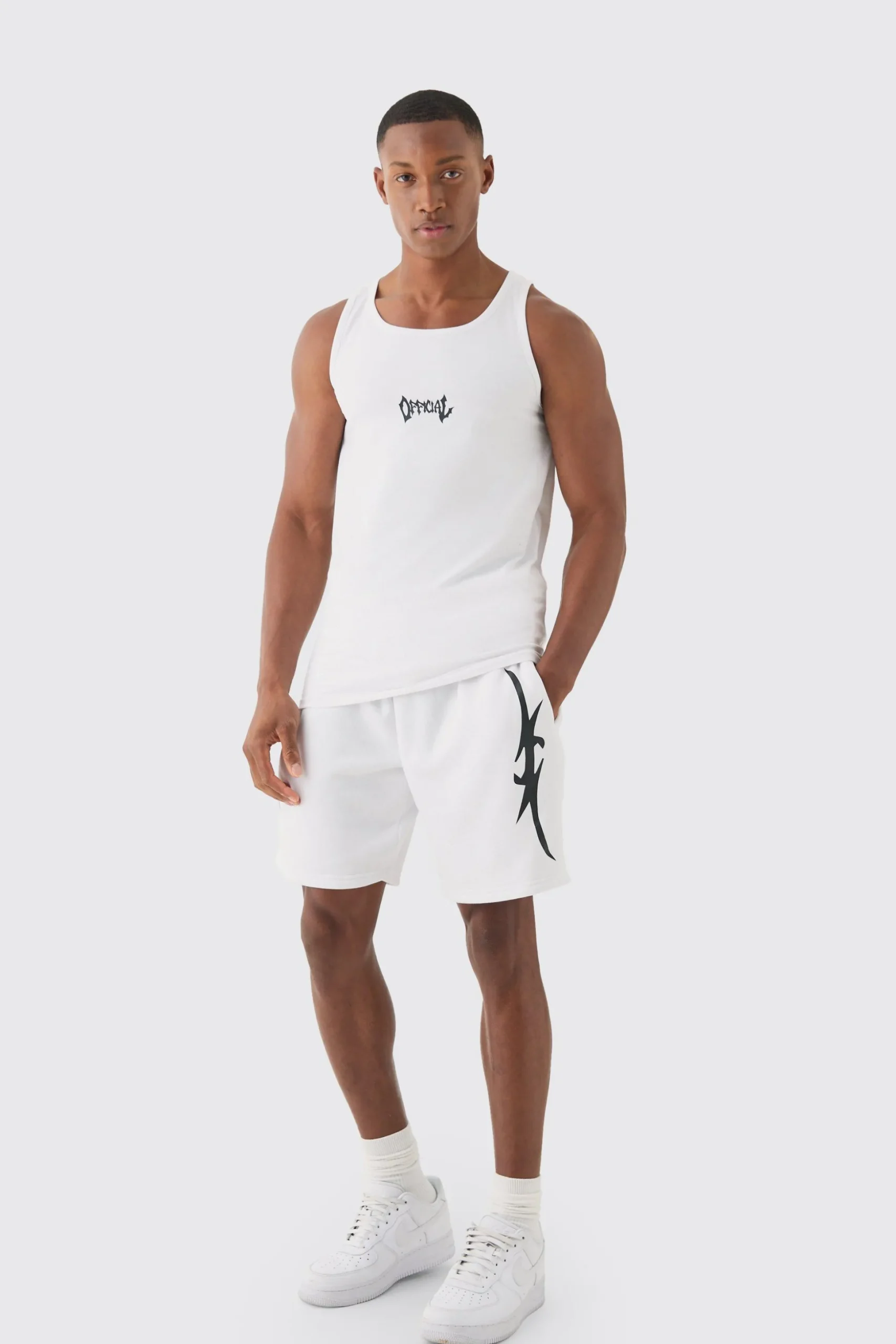 Muscle Fit Graphic Official Vest & Shorts Set | BoohooMAN UK