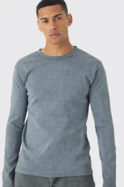 Muscle Fit Long Sleeve Heavyweight Ribbed Washed Jumper | BoohooMAN UK