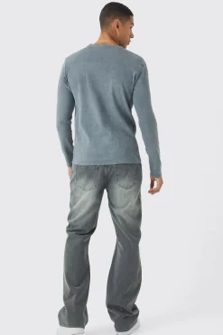 Muscle Fit Long Sleeve Heavyweight Ribbed Washed Jumper | BoohooMAN UK