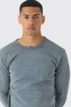 Muscle Fit Long Sleeve Heavyweight Ribbed Washed Jumper | BoohooMAN UK