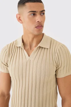 Muscle Fit Revere Ribbed Knit Polo | BoohooMAN UK