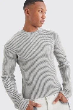 Muscle Fit Ribbed Acid Wash Knit Jumper | BoohooMAN UK