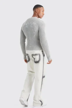 Muscle Fit Ribbed Acid Wash Knit Jumper | BoohooMAN UK