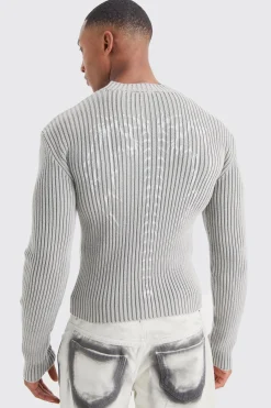 Muscle Fit Ribbed Acid Wash Knit Jumper | BoohooMAN UK