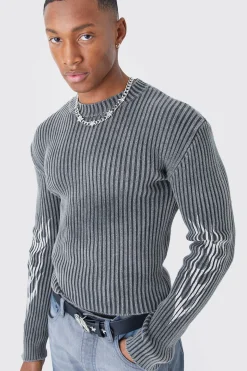 Muscle Fit Ribbed Acid Wash Knit Jumper | BoohooMAN UK