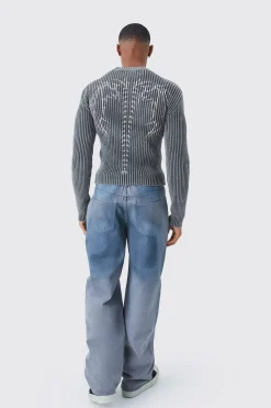 Muscle Fit Ribbed Acid Wash Knit Jumper | BoohooMAN UK
