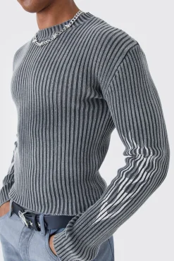 Muscle Fit Ribbed Acid Wash Knit Jumper | BoohooMAN UK