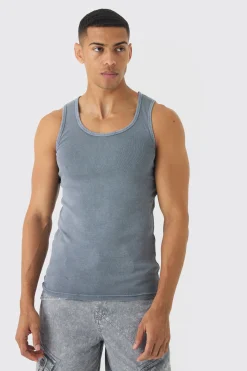 Muscle Fit Ribbed Acid Wash Vest | BoohooMAN UK