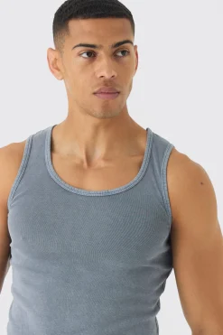 Muscle Fit Ribbed Acid Wash Vest | BoohooMAN UK