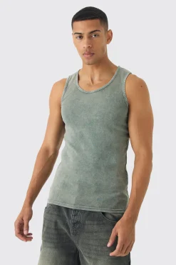 Muscle Fit Ribbed Acid Wash Vest | BoohooMAN UK