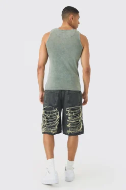 Muscle Fit Ribbed Acid Wash Vest | BoohooMAN UK