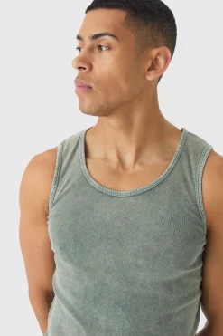 Muscle Fit Ribbed Acid Wash Vest | BoohooMAN UK